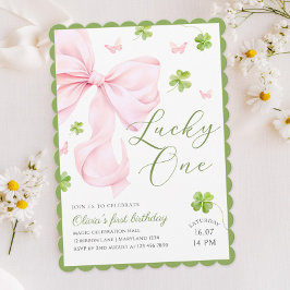 Lucky One Pink Bow 1st Birthday Invitation 招待状