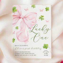 Lucky One Pink Bow 1st Birthday Invitation 招待状