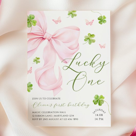 Lucky One Pink Bow 1st Birthday Invitation 招待状