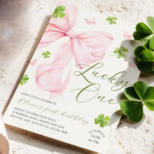 Lucky One Pink Bow 1st Birthday Invitation 招待状