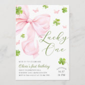 Lucky One Pink Bow 1st Birthday Invitation 招待状 (正面)
