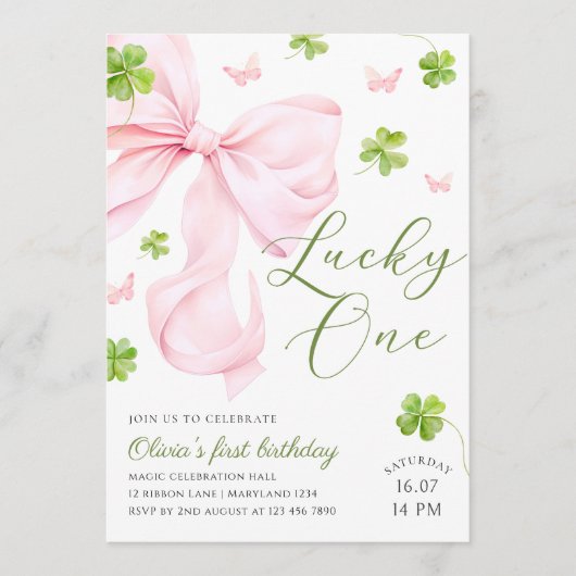 Lucky One Pink Bow 1st Birthday Invitation 招待状 (正面)