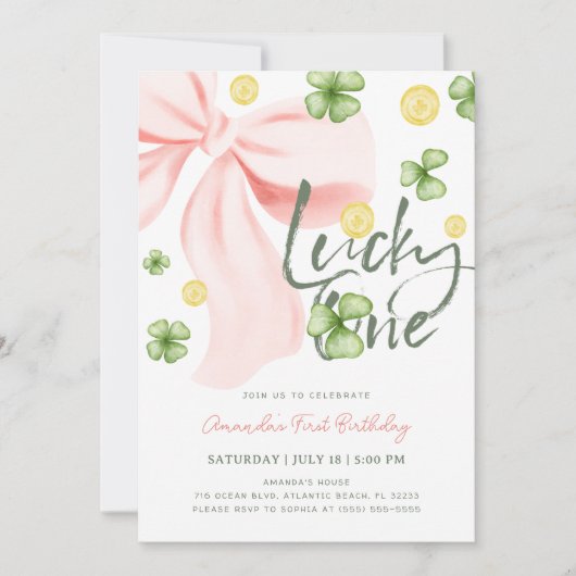 Lucky One Pink Bow St. Patrick's Girl 1st Birthday 招待状 (正面)