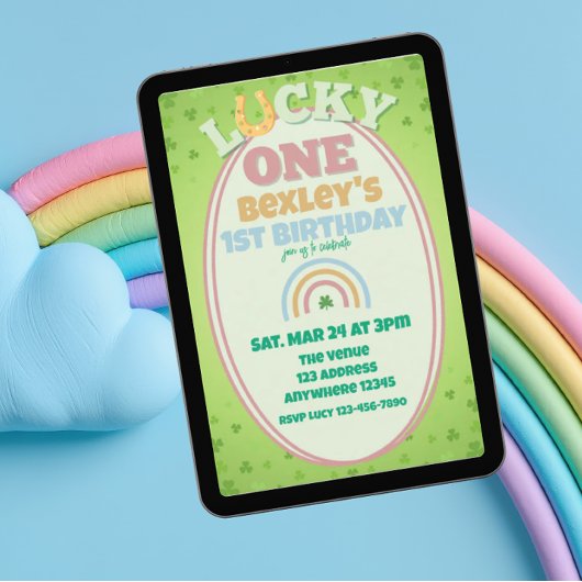 Lucky One Pink Shamrock Rainbow 1st Birthday 招待状