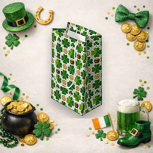 Lucky Shamrock Gold Pot Watercolor Pattern スモールペーパーバッグ
