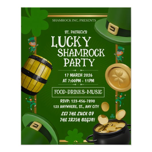 Lucky Shamrock Party St. Paddy's Day Customizable ポスター (正面)