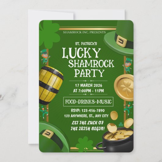 Lucky Shamrock Party St. Paddy's Day Customizable 招待状 (正面)