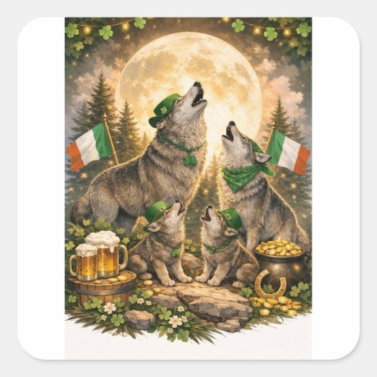Lucky Wolf Pack – St. Patrick’s Day Family Howling スクエアシール (正面)