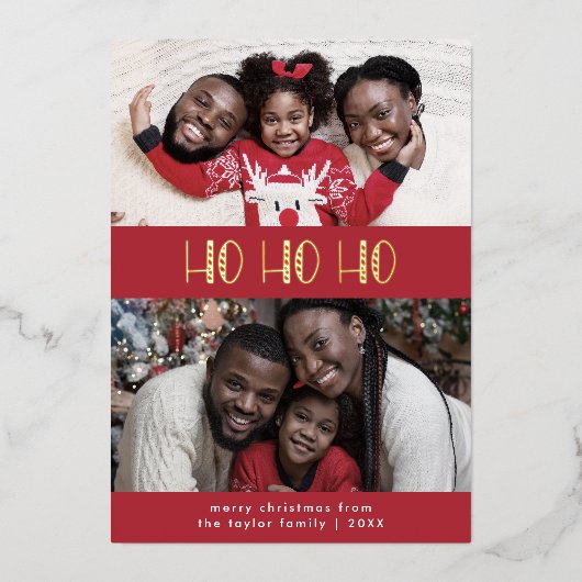 LUCYゴールドフォイルおもしろいファミリーHo Ho Hoフォトクリスマス 箔シーズンカード (正面)