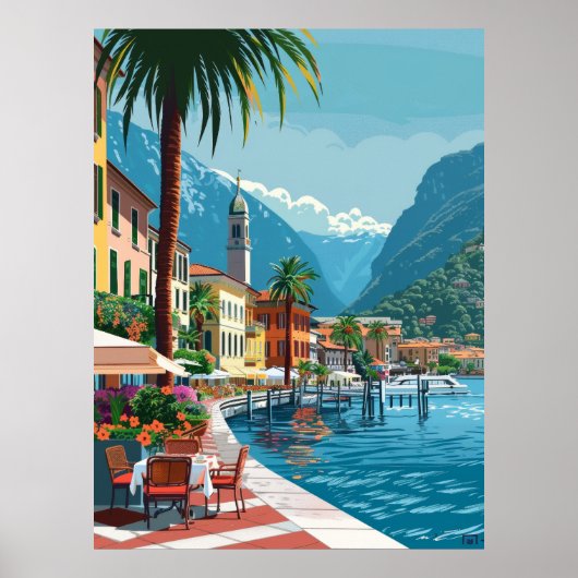 Lugano's Idylic Setting - Vector Cartoon Art Post ポスター (正面)