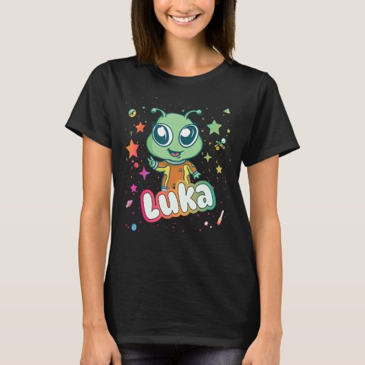 LUKA – かわいい男の子の名前かわいいエイリアン Tシャツ (正面)
