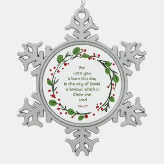 Luke 2:11 Christian Christmas Scripture Wreath スノーフレークピューターオーナメント