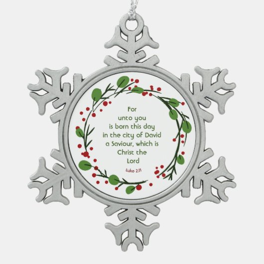 Luke 2:11 Christian Christmas Scripture Wreath スノーフレークピューターオーナメント (正面)