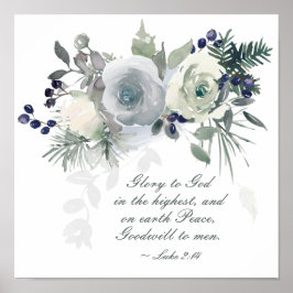 Luke 2:14 "Glory to God" White Rose Christmas ポスター