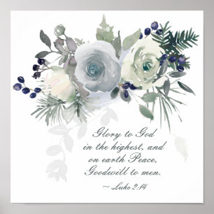Luke 2:14 "Glory to God" White Rose Christmas ポスター