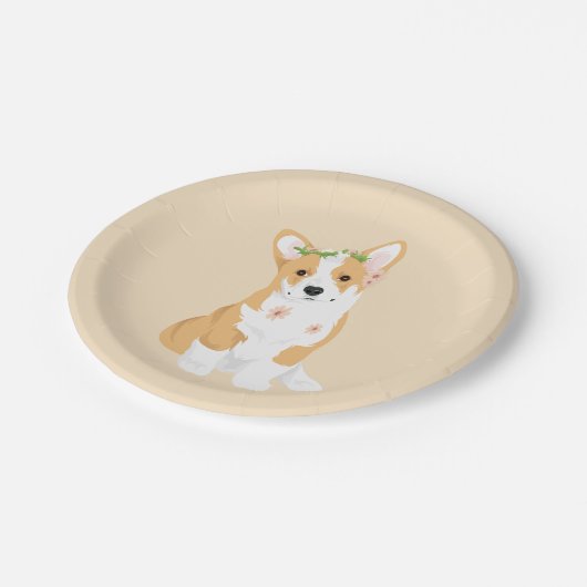 LuluBelle花の王冠を持つかわいらしいコーギー ペーパープレート (アングル)