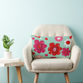 Lumbar cushion with garden flowers and hearts ランバークッション