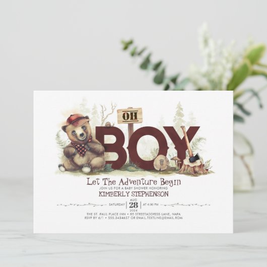 Lumberjackベビーシャワーウッドランドリトルクマかわいい子 招待状 (スタンド正面)