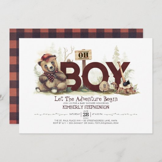 Lumberjackベビーシャワーウッドランドリトルクマかわいい子 招待状 (正面/裏面)