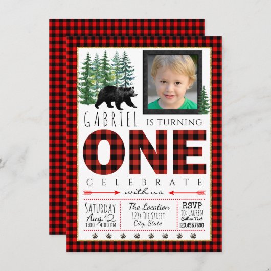 Lumberjack写真の最初の誕生日パーティーの招待 招待状 (正面/裏面)