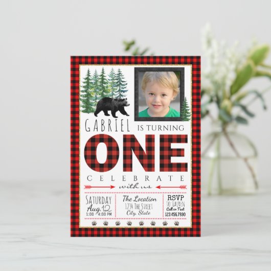 Lumberjack写真の最初の誕生日パーティーの招待 招待状 (スタンド正面)