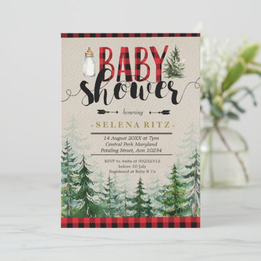 Lumberjack冬の森林赤い格子縞の赤ちゃんシャワー 招待状 (スタンド正面)