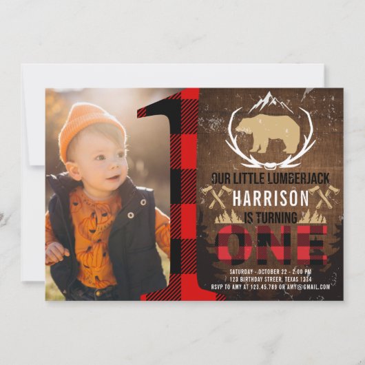 Lumberjack最初の誕生日ウッドプレイド写真 招待状 (正面)