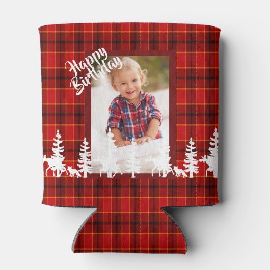 Lumberjack誕生日フォトレッドプレイドパターン 缶クーラー (裏面)