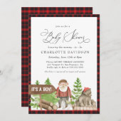 Lumberjack 素朴 Bear Woodland Boy Baby Shower 招待状 (正面/裏面)