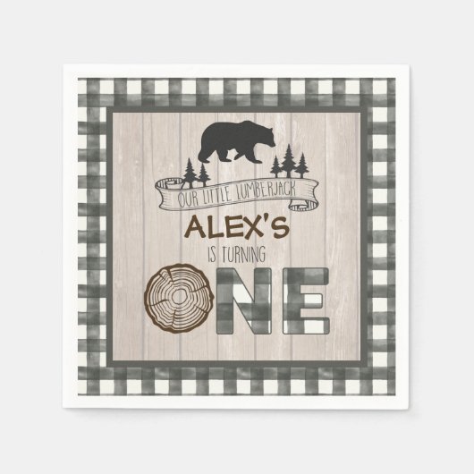Lumberjack 1st誕生日ナプキン – ベアーホワイト スタンダードカクテルナプキン (正面)