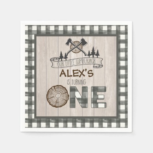 Lumberjack 1st誕生日ナプキン – 軸白 スタンダードカクテルナプキン (正面)