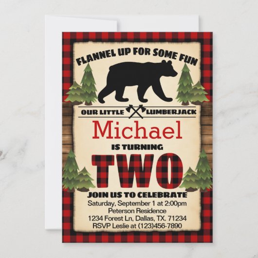 Lumberjack Bear Birthday Party招待Two 2nd 招待状 (正面)