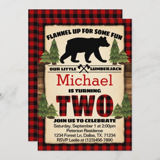 Lumberjack Bear Birthday Party招待Two 2nd 招待状 (正面/裏面)