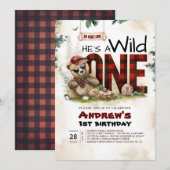 Lumberjack Bear First Birthday Party招待 招待状 (正面/裏面)