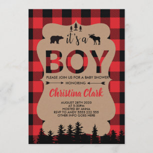 Lumberjack Bear Flannel Boy Baby Shower 招待状