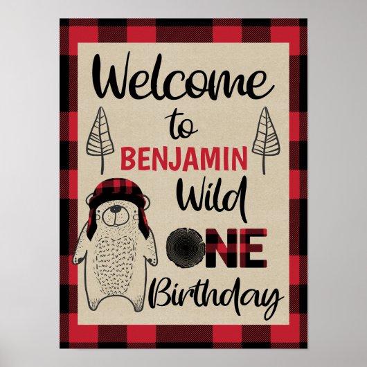 Lumberjack bear plaid野生の1つの誕生日へようこそ ポスター (正面)