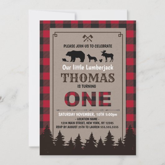 Lumberjack birthday invitation flannel 招待状 (正面)