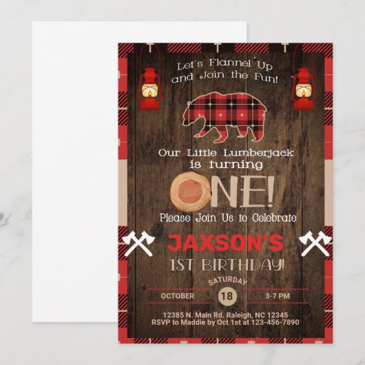 Lumberjack boy 1st birthday招待状。 招待状 (正面/裏面)