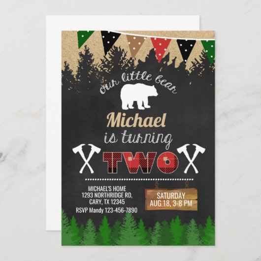 Lumberjack boy 2nd誕生日の招待状。 招待状 (正面/裏面)
