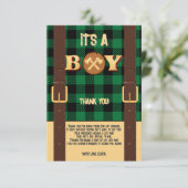 Lumberjack Flannel赤ちゃん素朴シャワーの男の子だ サンキューカード (スタンド正面)