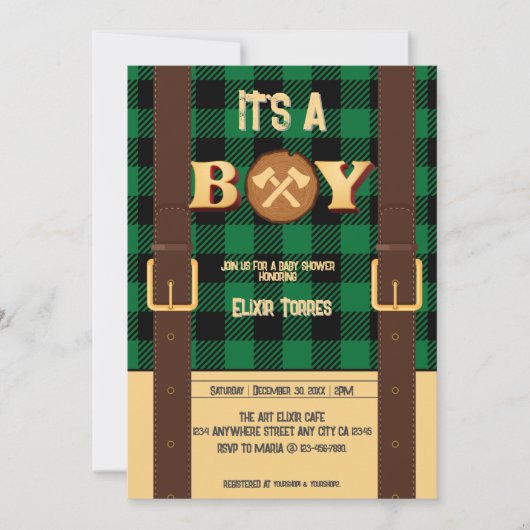 Lumberjack Flannel赤ちゃん素朴シャワーの男の子だ 招待状 (正面)