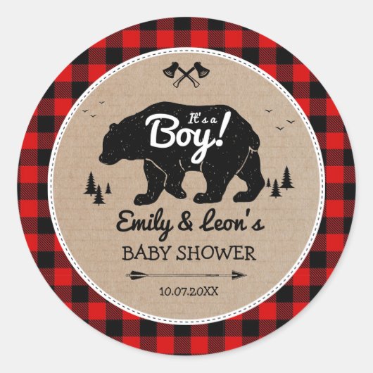 Lumberjack Forest Bear Adventure Boy Baby Shower ラウンドシール (正面)