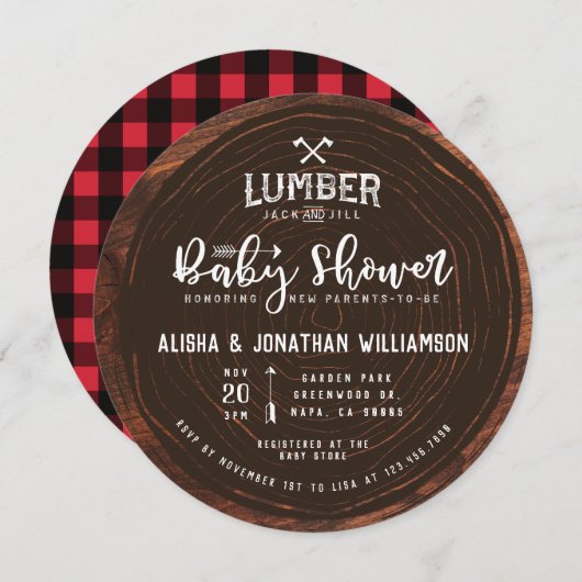 Lumberjack & Jill Baby Shower Wood & Red Plaid 招待状 (正面/裏面)