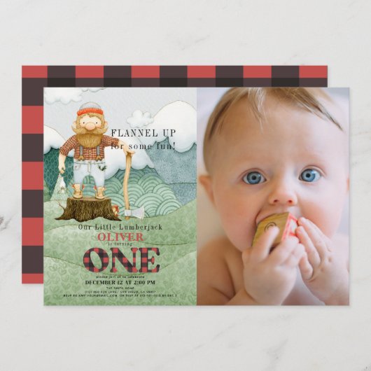 Lumberjack Mountains 1st Birthday写真 招待状 (正面/裏面)