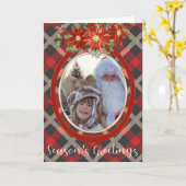 Lumberjack Plaidとポインセチアあなたの写真をスプレー カード (黄色い花)