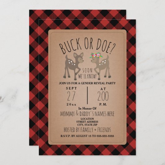 Lumberjack Plaid Deer Deer Gender Reveal 招待状 (正面/裏面)