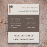 Lumberjack Servicesフライヤー チラシ<br><div class="desc">大工、木工、ランバージャックサービス用の斧イラストレーション付きフライヤー（木の除去と剪定、薪、切り株の研磨など）。</div>