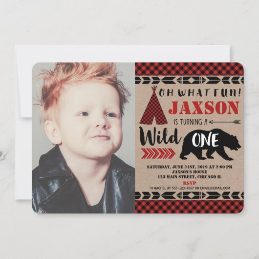 Lumberjack wild one 1歳の誕生日の男の子の写真 招待状 (正面)