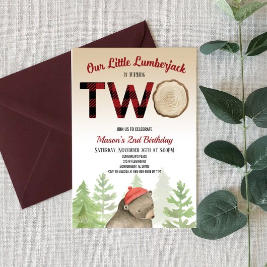 Lumberjack Woodland Forest Bear 2nd Birthdayパーティー 招待状