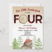 Lumberjack Woodland Forest Bear 4th Birthdayパーティー 招待状 (正面)